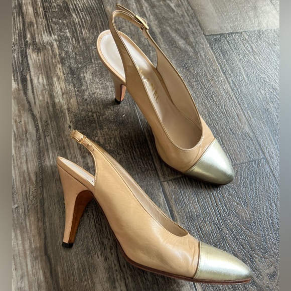 Vintage Chanel Gold Cap Toe Heels - Picture 2 of 6